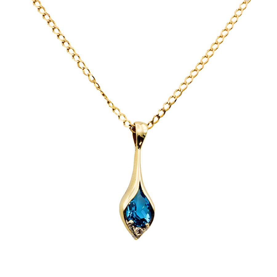 9ct Gold Blue Topaz / Diamond Teardrop Pendant with Chain